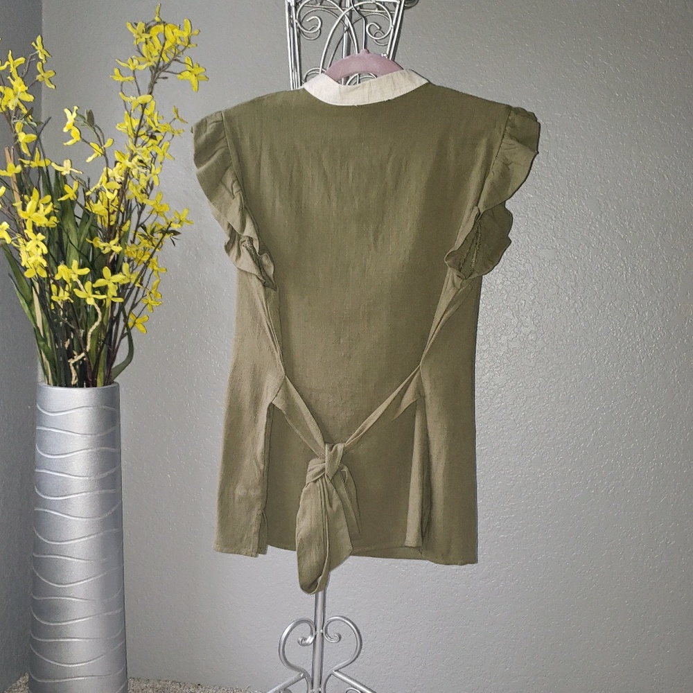 😻😻 S/M/L OLIVE GREEN TIE BOHO TOP - Picture 2 of 4